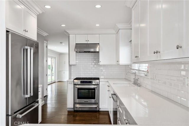 kitchen with sink, white cabinetry, decorative backsplash, exhaust hood, and appliances with stainless steel finishes