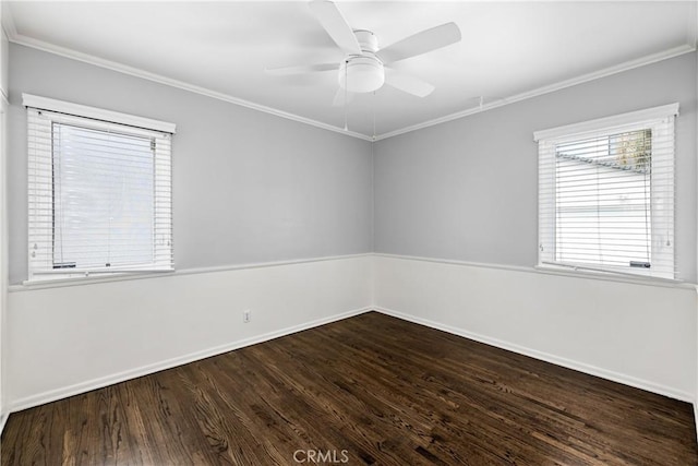 empty room featuring ornamental molding, ceiling fan, and hardwood / wood-style flooring