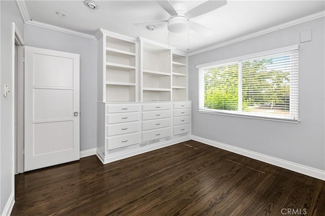 unfurnished bedroom with ceiling fan, crown molding, and dark hardwood / wood-style floors