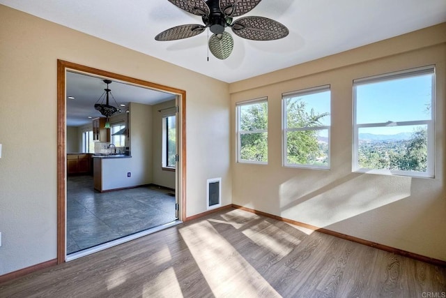 interior space with hardwood / wood-style flooring, sink, a wealth of natural light, and ceiling fan