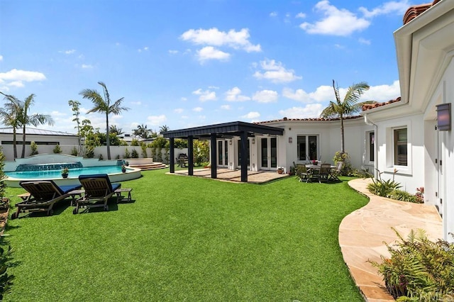 view of yard with a pergola, a fenced in pool, and a patio