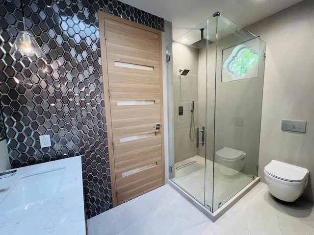 bathroom with walk in shower, tile patterned floors, and toilet