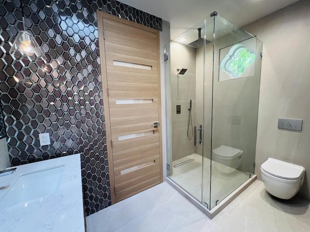 bathroom with toilet, a stall shower, and tile patterned floors