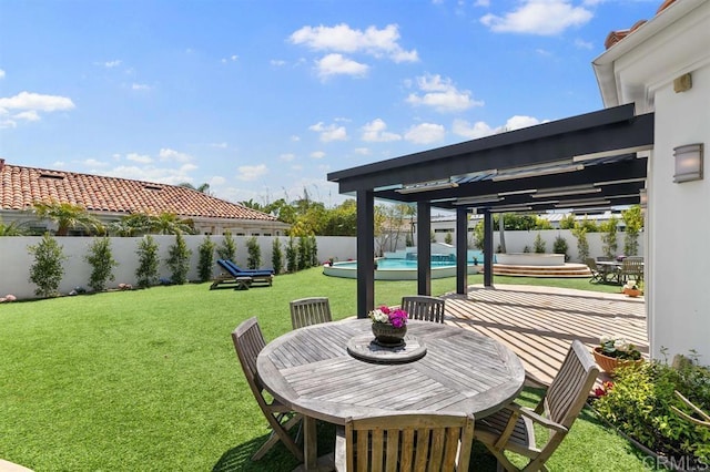 view of yard featuring a fenced backyard, a fenced in pool, a patio area, and outdoor dining space