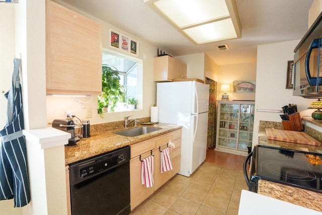 kitchen featuring range with electric stovetop, dishwasher, light tile patterned floors, white refrigerator, and sink