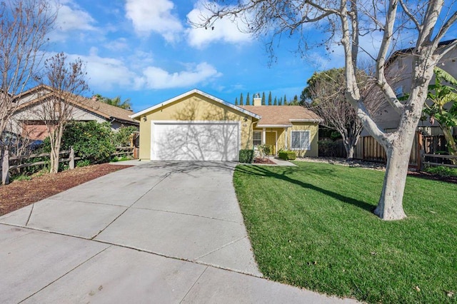 single story home with a front yard and a garage