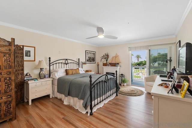 bedroom with ceiling fan, light wood-type flooring, access to outside, and ornamental molding