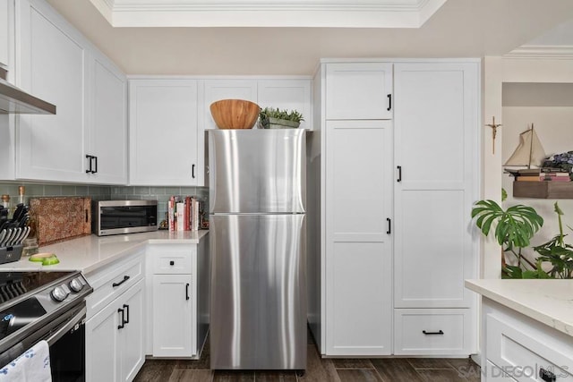 kitchen featuring white cabinets, a tray ceiling, crown molding, and appliances with stainless steel finishes