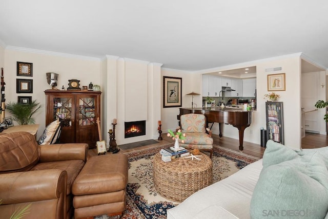 living room featuring a large fireplace, ornamental molding, and wood-type flooring