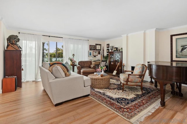 living room with ornamental molding and light hardwood / wood-style floors