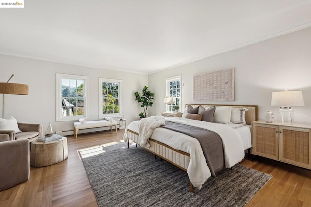 bedroom featuring crown molding, wood-type flooring, and a baseboard radiator