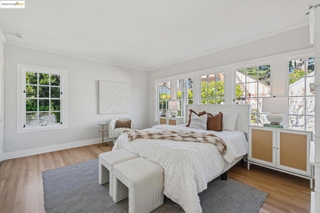 bedroom featuring crown molding, light hardwood / wood-style floors, and multiple windows