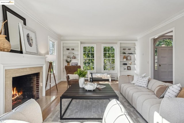 living room with a premium fireplace, ornamental molding, built in features, and a wealth of natural light