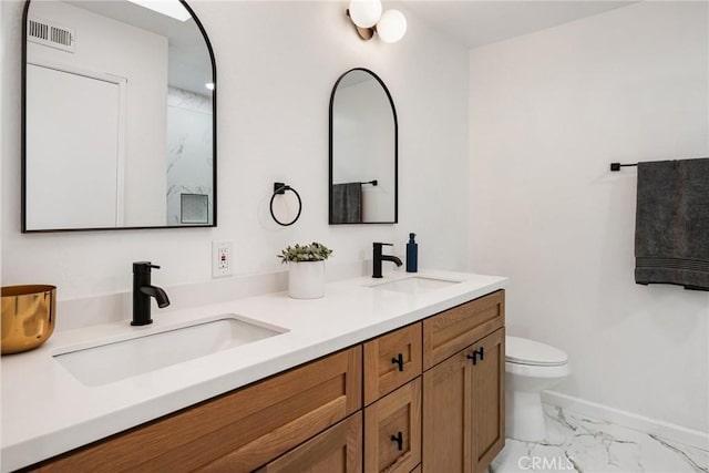 full bath with visible vents, marble finish floor, toilet, and a sink