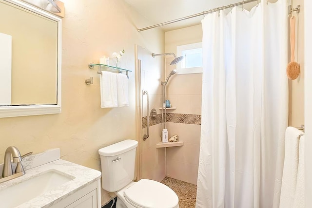 bathroom featuring toilet, curtained shower, and vanity