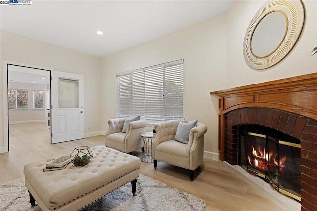 living area featuring a fireplace, plenty of natural light, and light hardwood / wood-style flooring