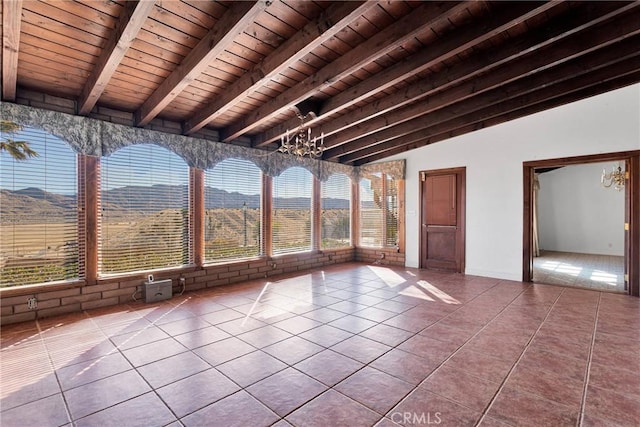 unfurnished sunroom featuring a notable chandelier, wood ceiling, and lofted ceiling with beams