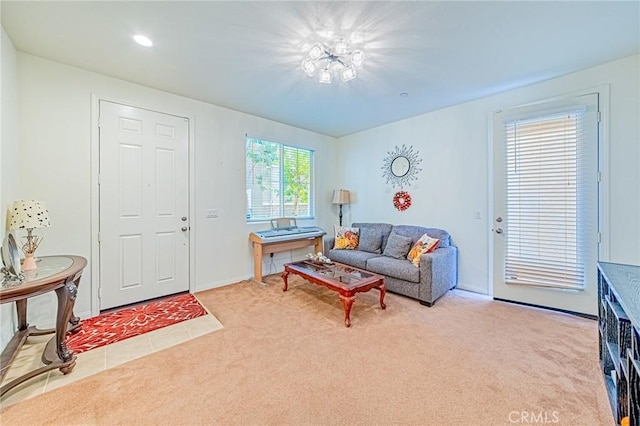 living room featuring light colored carpet