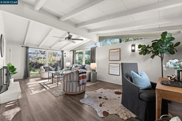 living room with ceiling fan, lofted ceiling with beams, and wood-type flooring