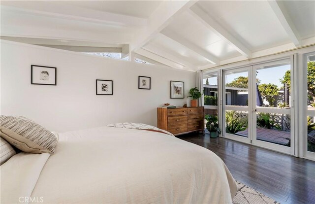 bedroom with access to outside, dark wood-type flooring, and vaulted ceiling with beams