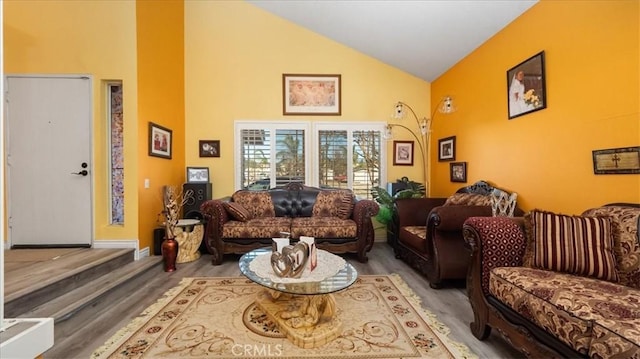 living room with vaulted ceiling and wood-type flooring