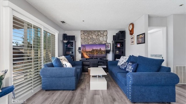 living room with a textured ceiling and wood-type flooring