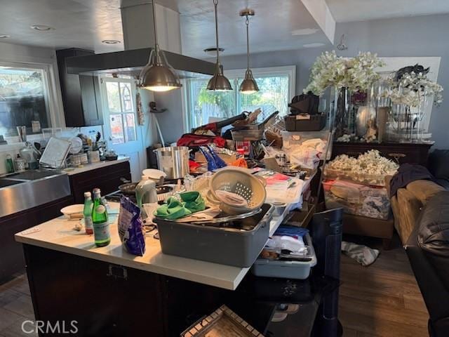 kitchen featuring plenty of natural light, a center island, wood-type flooring, and island exhaust hood