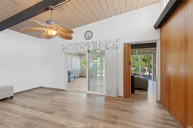 spare room featuring wood ceiling, ceiling fan, beam ceiling, and light hardwood / wood-style flooring