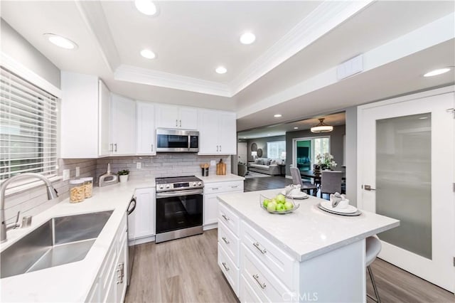 kitchen with a kitchen island, appliances with stainless steel finishes, white cabinetry, sink, and a raised ceiling