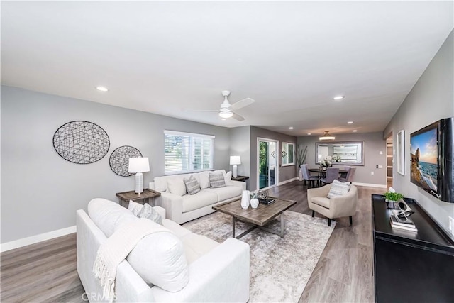 living room featuring ceiling fan and hardwood / wood-style floors