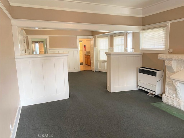 interior space with heating unit and dark carpet