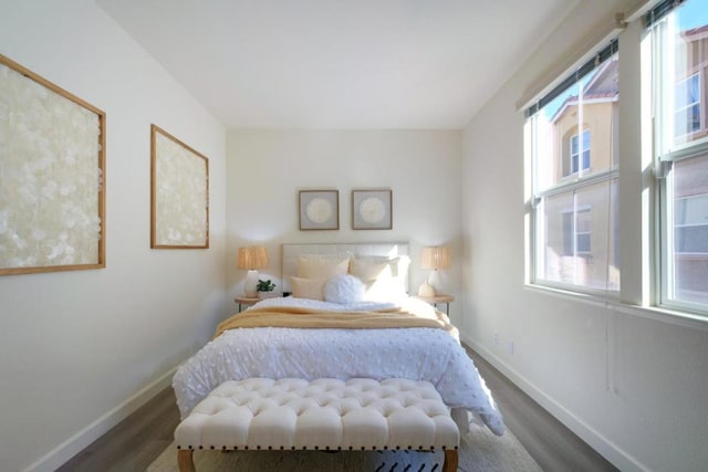 bedroom featuring multiple windows and dark hardwood / wood-style flooring