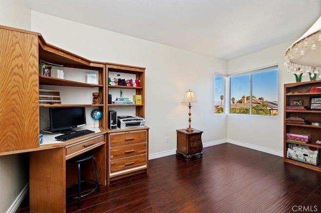 home office with dark wood-type flooring