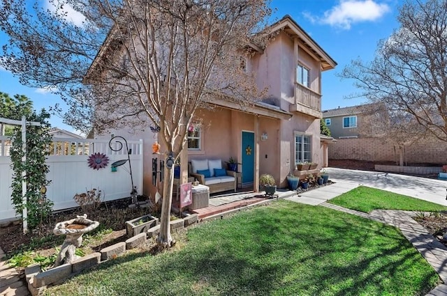 back of property with cooling unit, a patio, and a lawn