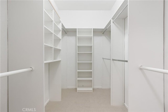 walk in closet featuring light carpet