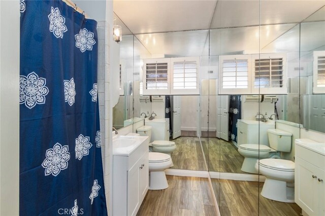 bathroom featuring toilet, wood-type flooring, vanity, and curtained shower