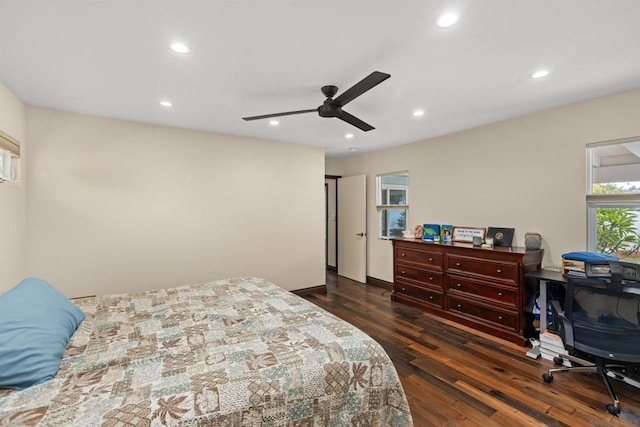 bedroom with dark wood-type flooring and ceiling fan