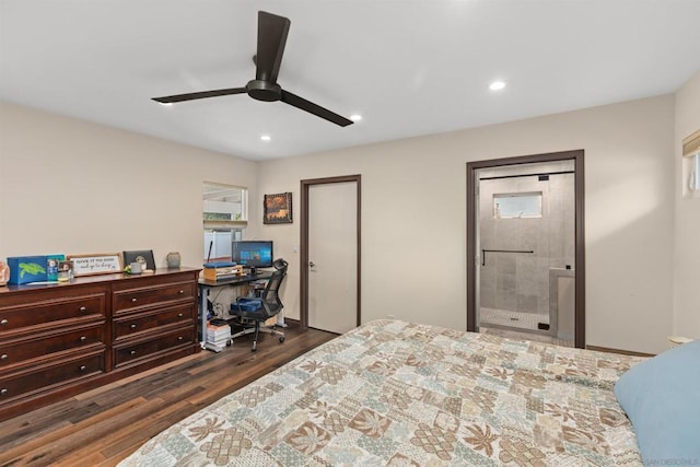 bedroom featuring ensuite bathroom, ceiling fan, and dark hardwood / wood-style floors