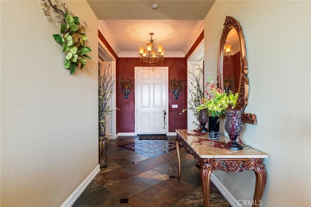 650 Crystal Mountain Cir, Riverside, CA 92506 - foyer entrance featuring a chandelier, baseboards, ornamental molding, and stone finish floors