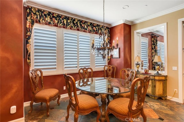 650 Crystal Mountain Cir, Riverside, CA 92506 - dining space featuring baseboards, stone tile floors, a chandelier, and crown molding