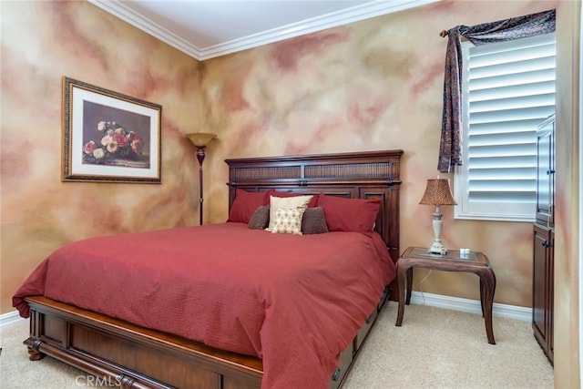 bedroom with crown molding and light carpet