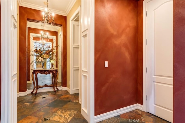 650 Crystal Mountain Cir, Riverside, CA 92506 - corridor with a chandelier, stone tile floors, crown molding, and baseboards