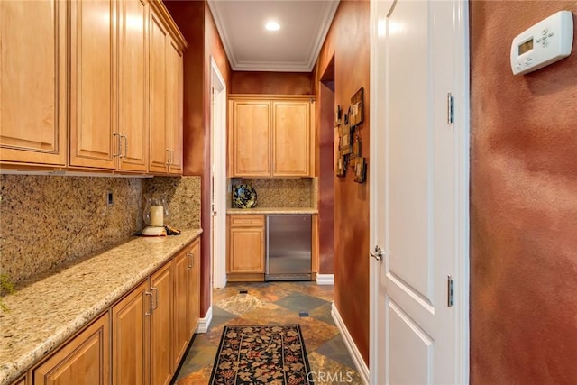 650 Crystal Mountain Cir, Riverside, CA 92506 - kitchen with fridge, backsplash, baseboards, ornamental molding, and stone finish floors