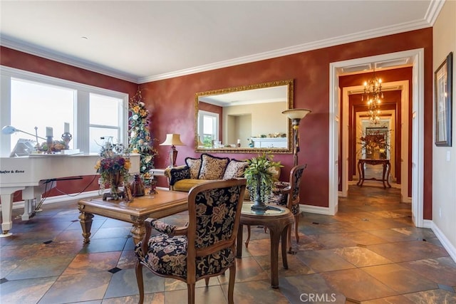 interior space featuring crown molding, plenty of natural light, and a chandelier