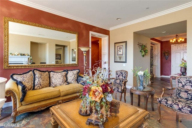 living room featuring a notable chandelier and ornamental molding