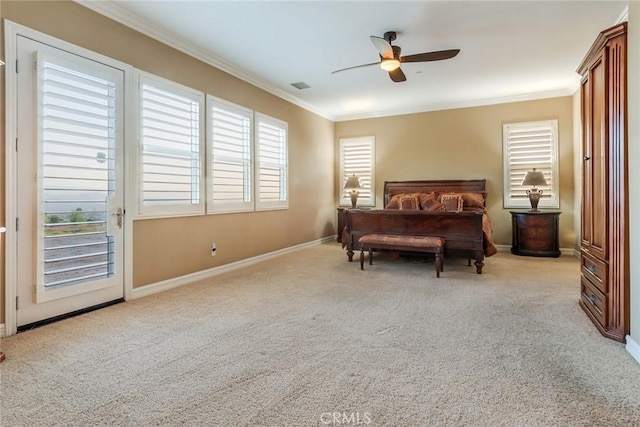 650 Crystal Mountain Cir, Riverside, CA 92506 - carpeted bedroom featuring ornamental molding, baseboards, ceiling fan, and access to exterior