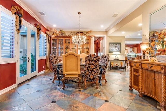 650 Crystal Mountain Cir, Riverside, CA 92506 - dining space featuring an inviting chandelier, ornamental molding, and visible vents