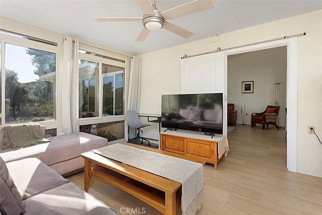 living room with ceiling fan and a barn door