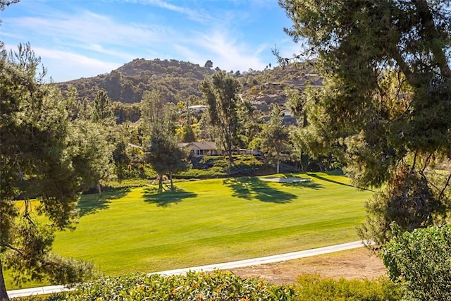 view of property's community featuring a lawn and a mountain view