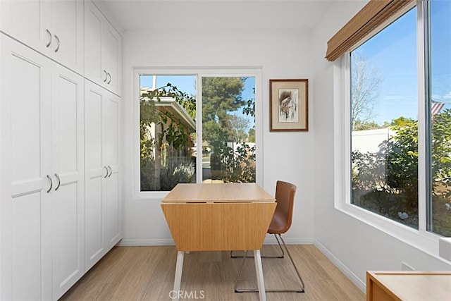 home office with light hardwood / wood-style flooring and plenty of natural light